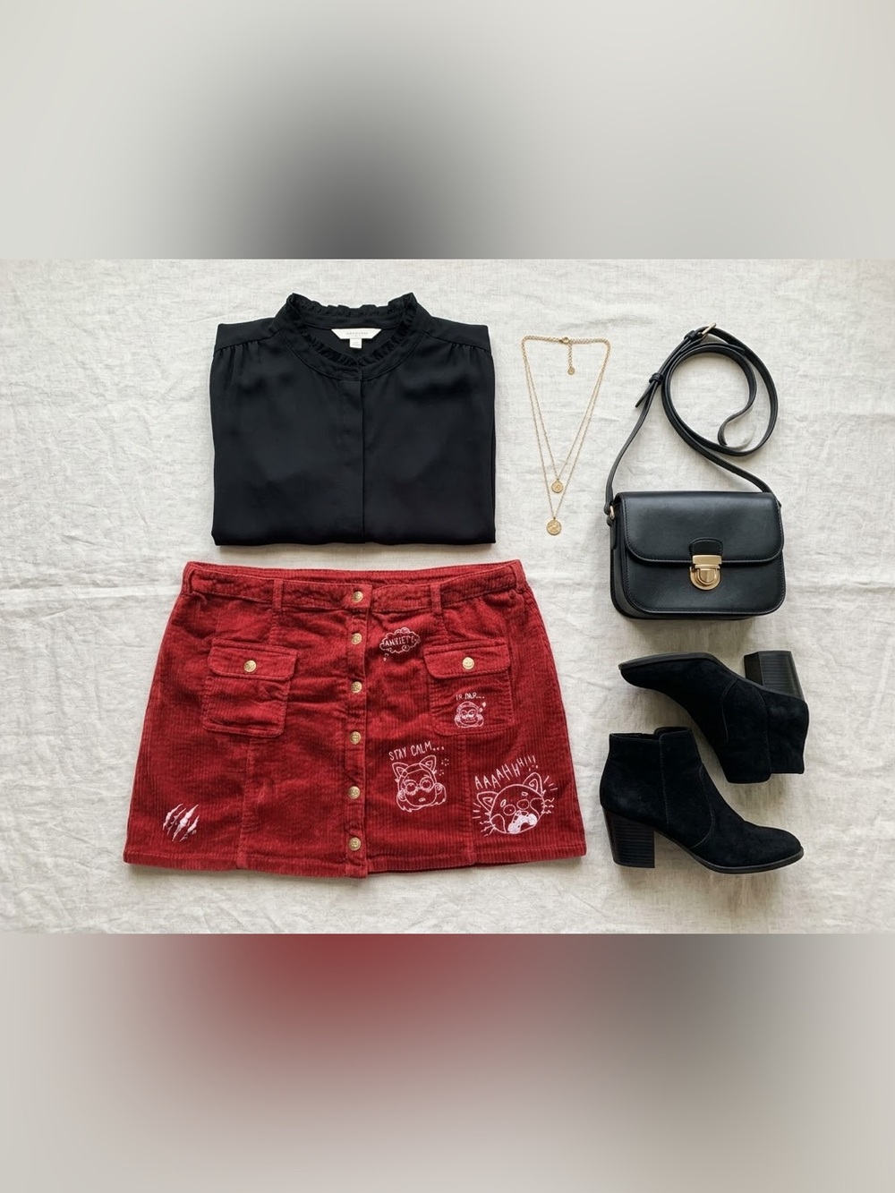 Disney Burgundy Corduroy Mini Skirt with Button Front and Graphic Prints